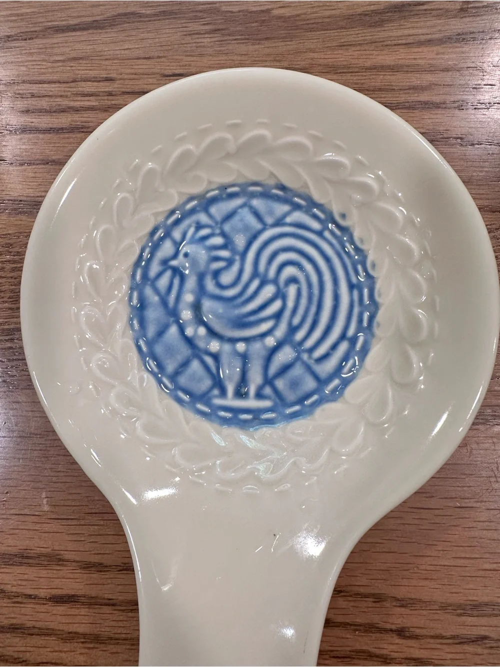 Longaberger White Ceramic Spoon Rest with Blue Rooster Motif